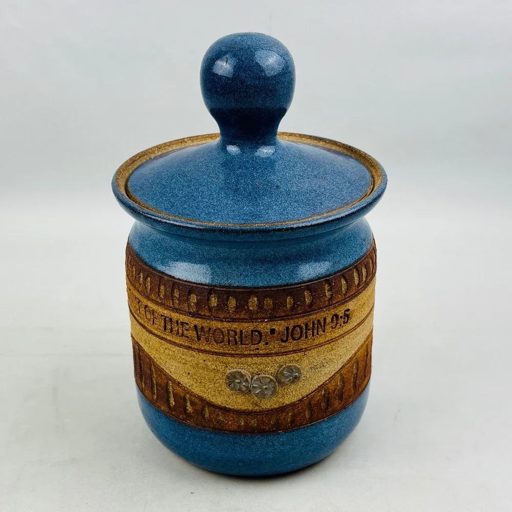 Down to Earth Pottery Canister Blue Stoneware‎ The Light Of The World John 9:5